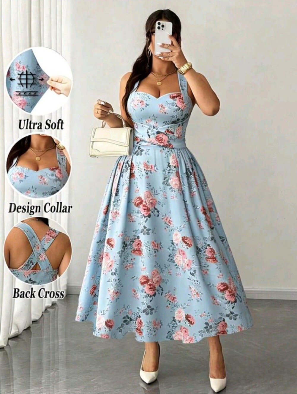 Sweetheart Floral Midi Dress in Light Blue